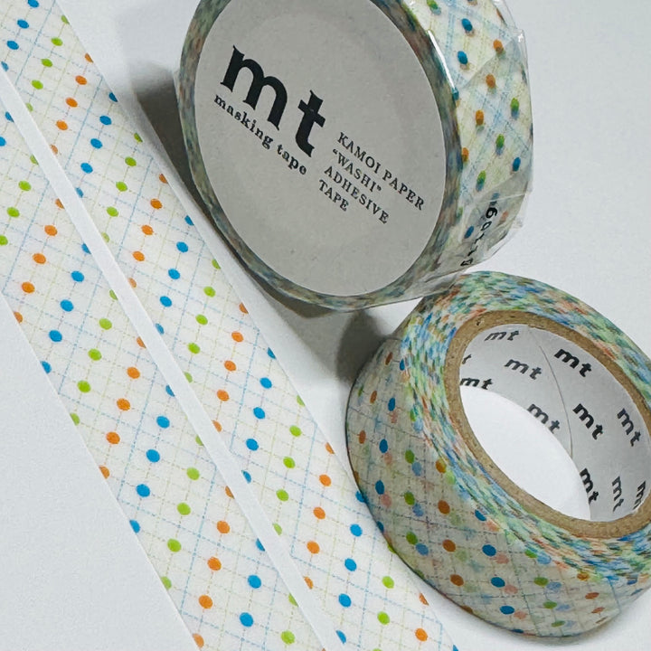 QUILTED GRID GREEN Dot Mt on White Washi Tape ~ 1 Roll ~ 15mm x 10m (33 Feet)