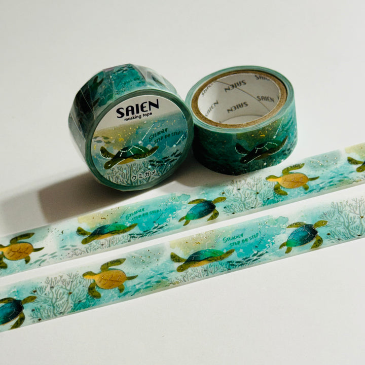 SWIMMING SEA TURTLES  Silver Foil Saien Masking Washi Tape ~ 1 Roll ~ 20mm x 5m (16 Feet)