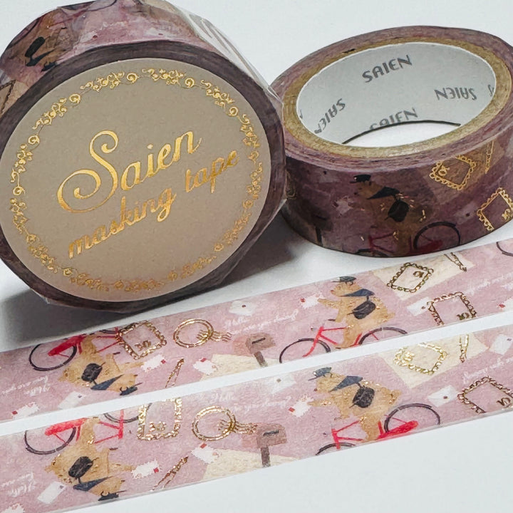 MR POSTMAN DELIVERING LOVE LETTERS Gold Foil Saien Masking Washi Tape ~ 1 Roll ~ 15mm x 7m (23 Feet)