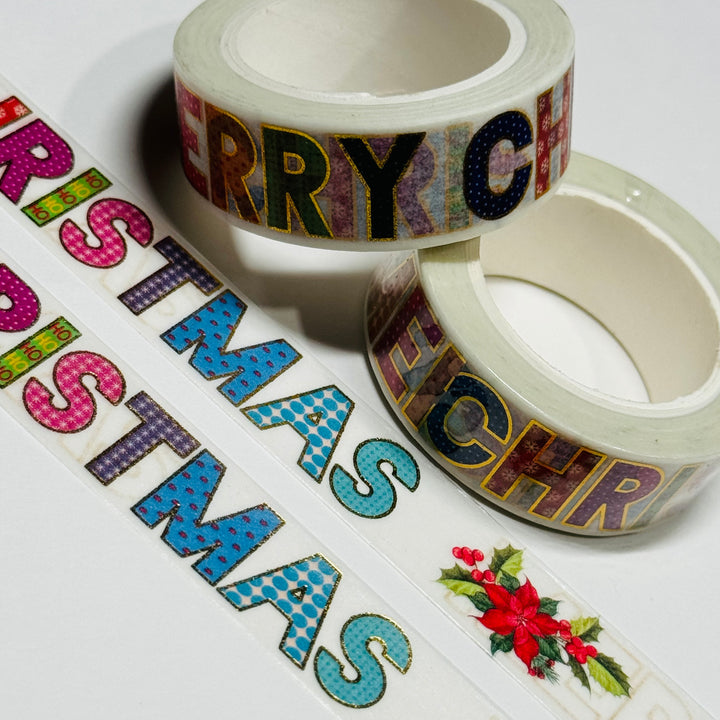 BLOCK LETTERS MERRY CHRISTMAS Gold Foil Washi Tape ~ 1 Roll ~ 15mm x 10m (33 Feet)