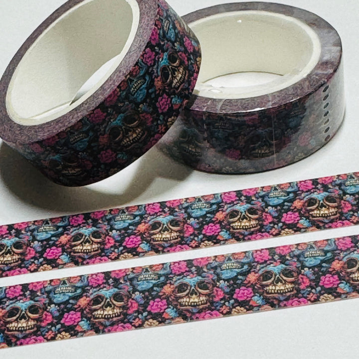 SUGAR SKULL BURRIED IN MAGENTA BLUE FLOWERS Halloween Washi Tape ~ 1 Roll ~ 15mm x 10m (33 Feet)