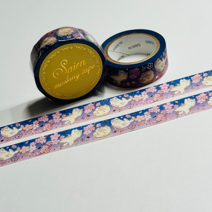 CATS ENJOYING SPRING SAKURA Gold Flower Saien Masking Washi Tape ~ 1 Roll ~ 15mm x 7m (23 Feet)