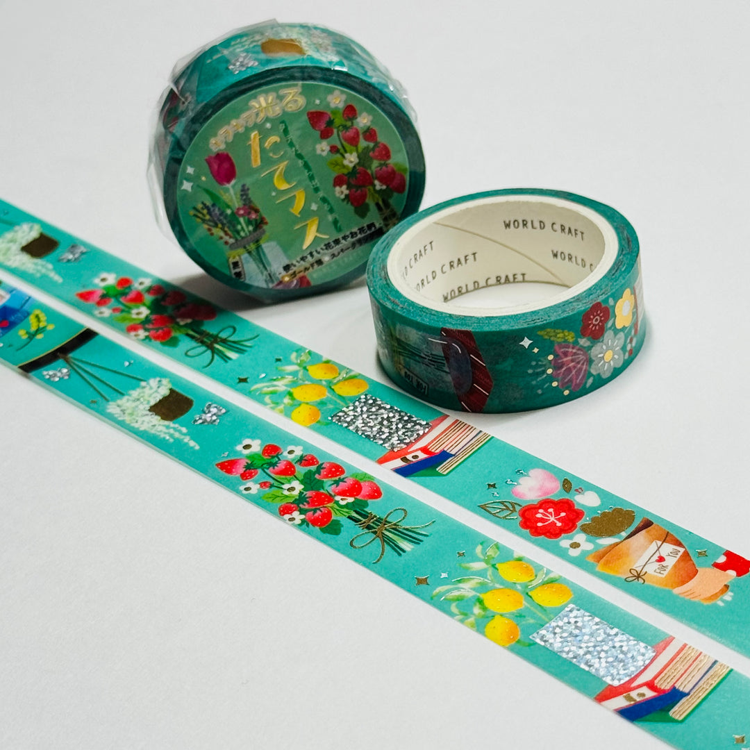 THE PERFECT BOUQUET Gold Accent Flowers World Craft Washi Tape ~ 1 Roll ~ 15mm x 5m (16 Feet)