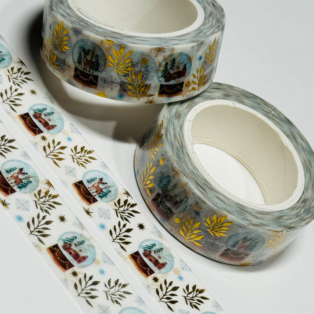 WINTER SNOWGLOBES Gold Foil Washi Tape ~ 1 Roll ~ 15mm x 10m (33 Feet)