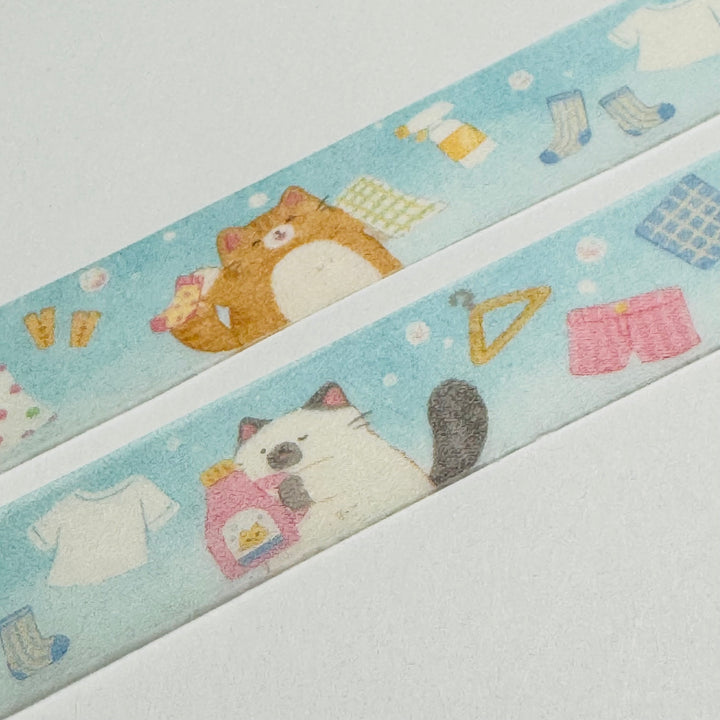 CAT LAUNDRY DAY Saien Masking Washi Tape ~ 1 Roll ~ 15mm x 7m (23 Feet)