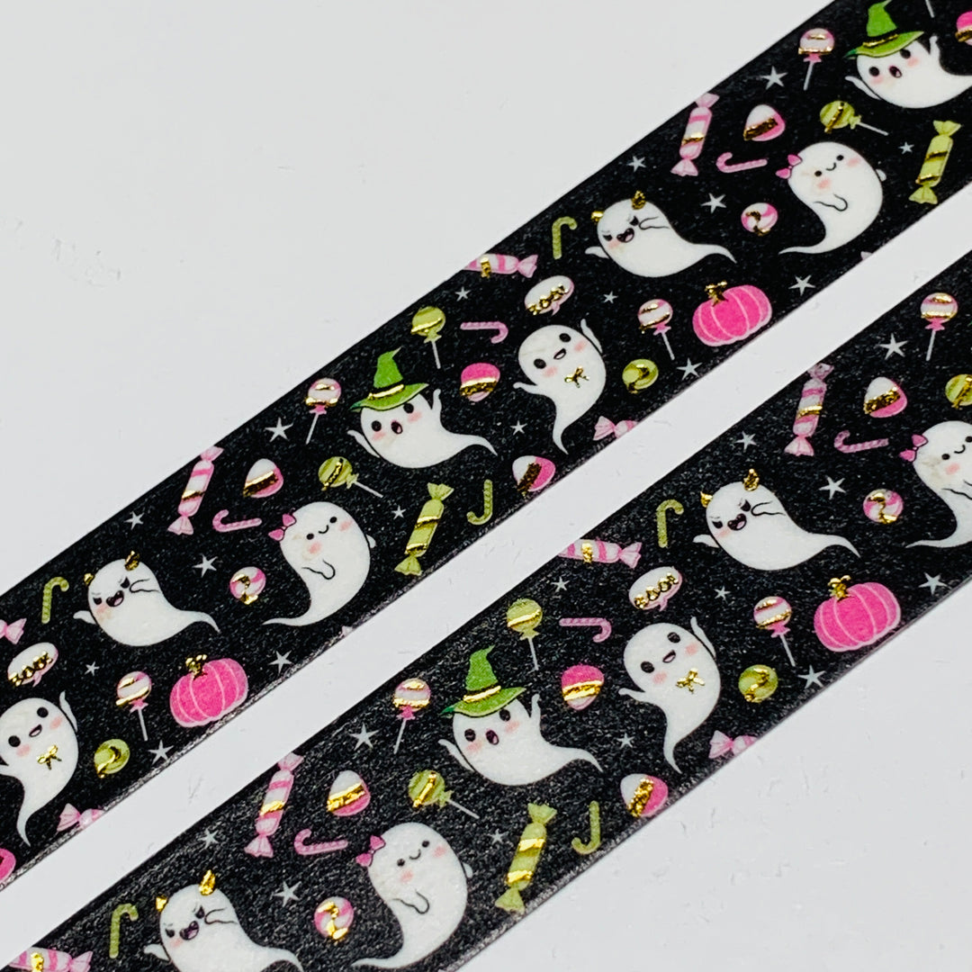 TRICK OR TREATING GHOSTS In Black & Gold Foil Halloween Washi Tape ~ 1 Roll ~ 15mm x 10m (33 Feet)