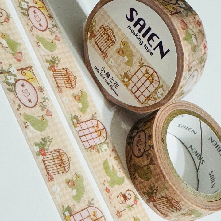LITTLE BIRDS & FLOWERS Saien Washi Tape ~ 1 Roll ~ 15mm x 7m (23 Feet)