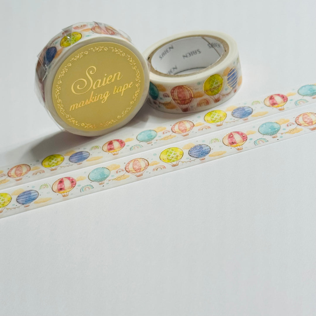 HOT AIR BALLOON RIDE Gold Foil Saien Masking Washi Tape ~ 1 Roll ~ 15mm x 7m (23 Feet)