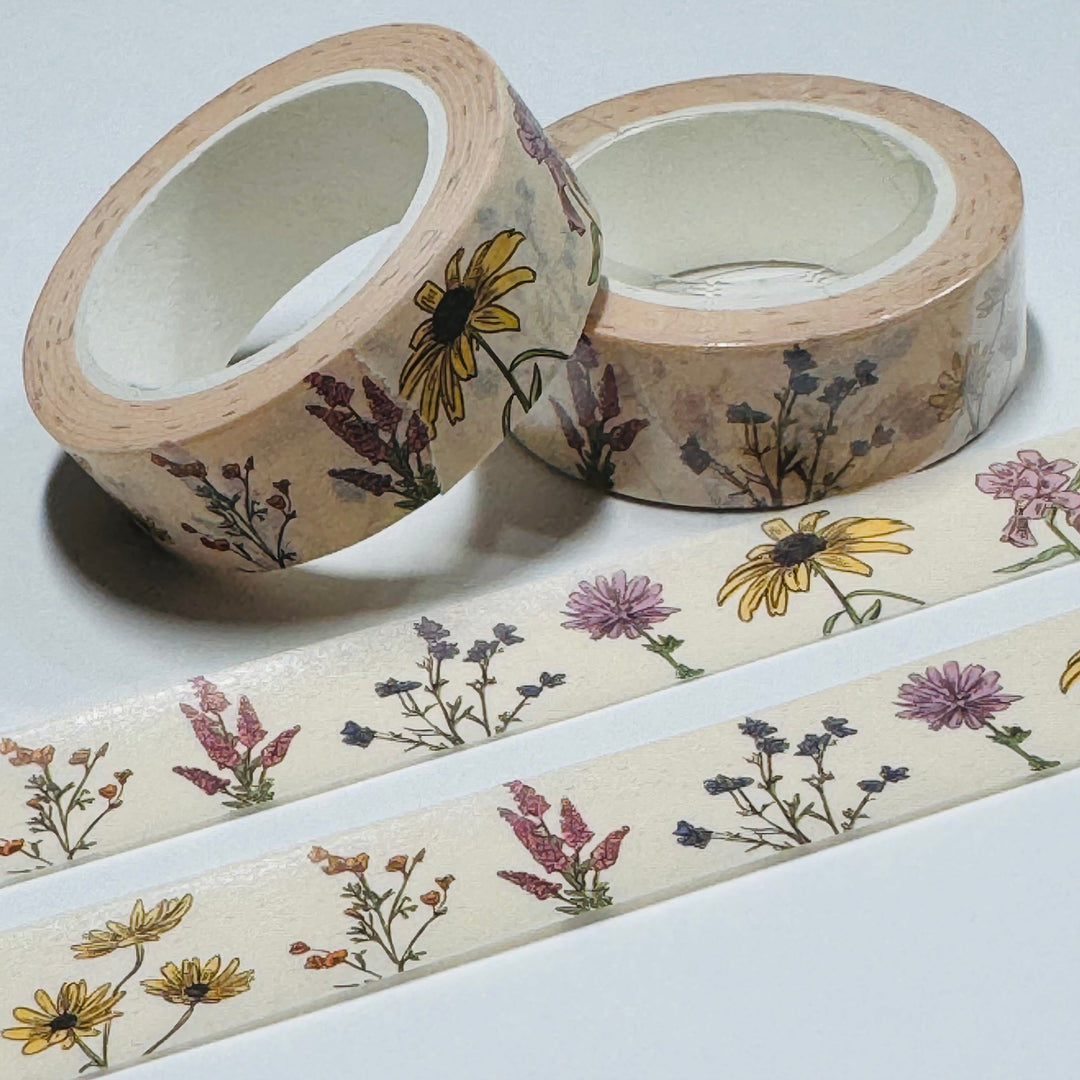 ILLUSTRATED SKETCHED WILDFLOWERS Floral Washi Tape ~ 1 Roll ~ 15mm x 10m (33 Feet)