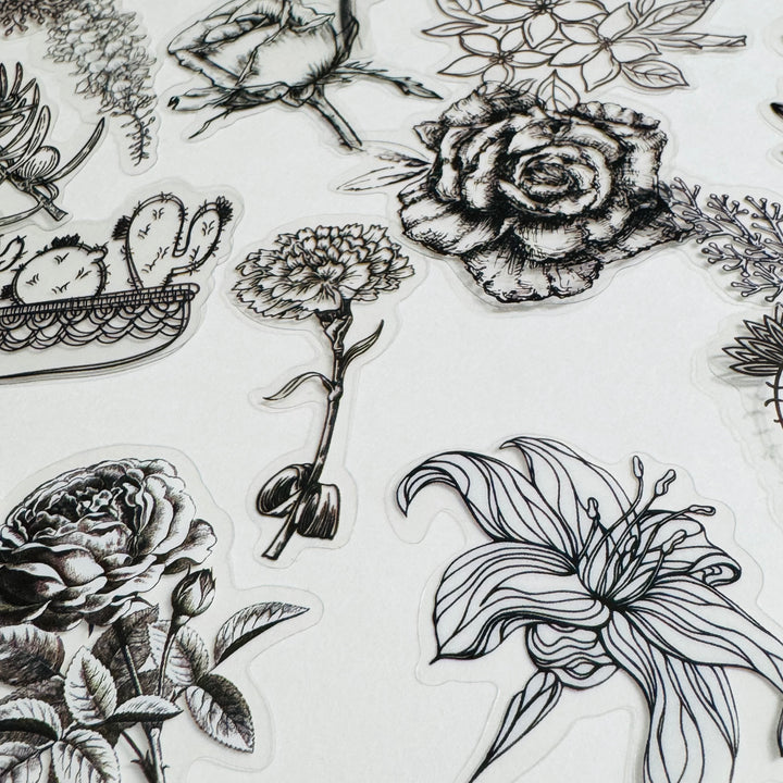 MONOCHROMATIC BLACK SKETCHED Flowers Transparent Peelable Sticker Ephemera Pack ~ 60  Pieces ~ Each Sticker is  20-50mm