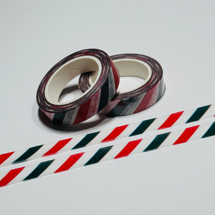 RED & GREEN DIAGONAL CHRISTMAS STRIPES Washi Tape ~ 1 Roll ~ 10mm x 10m (33 Feet)