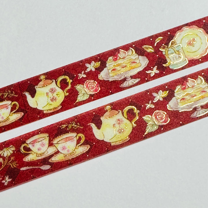 CLASSICAL TEA PARTY  Gold Foil Saien Masking Washi Tape - 1 Roll - 15mm x 7m (23 Feet)