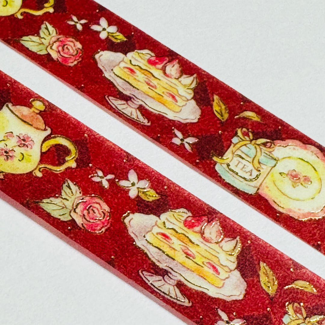 CLASSICAL TEA PARTY  Gold Foil Saien Masking Washi Tape - 1 Roll - 15mm x 7m (23 Feet)