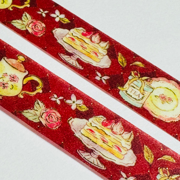 CLASSICAL TEA PARTY  Gold Foil Saien Masking Washi Tape - 1 Roll - 15mm x 7m (23 Feet)