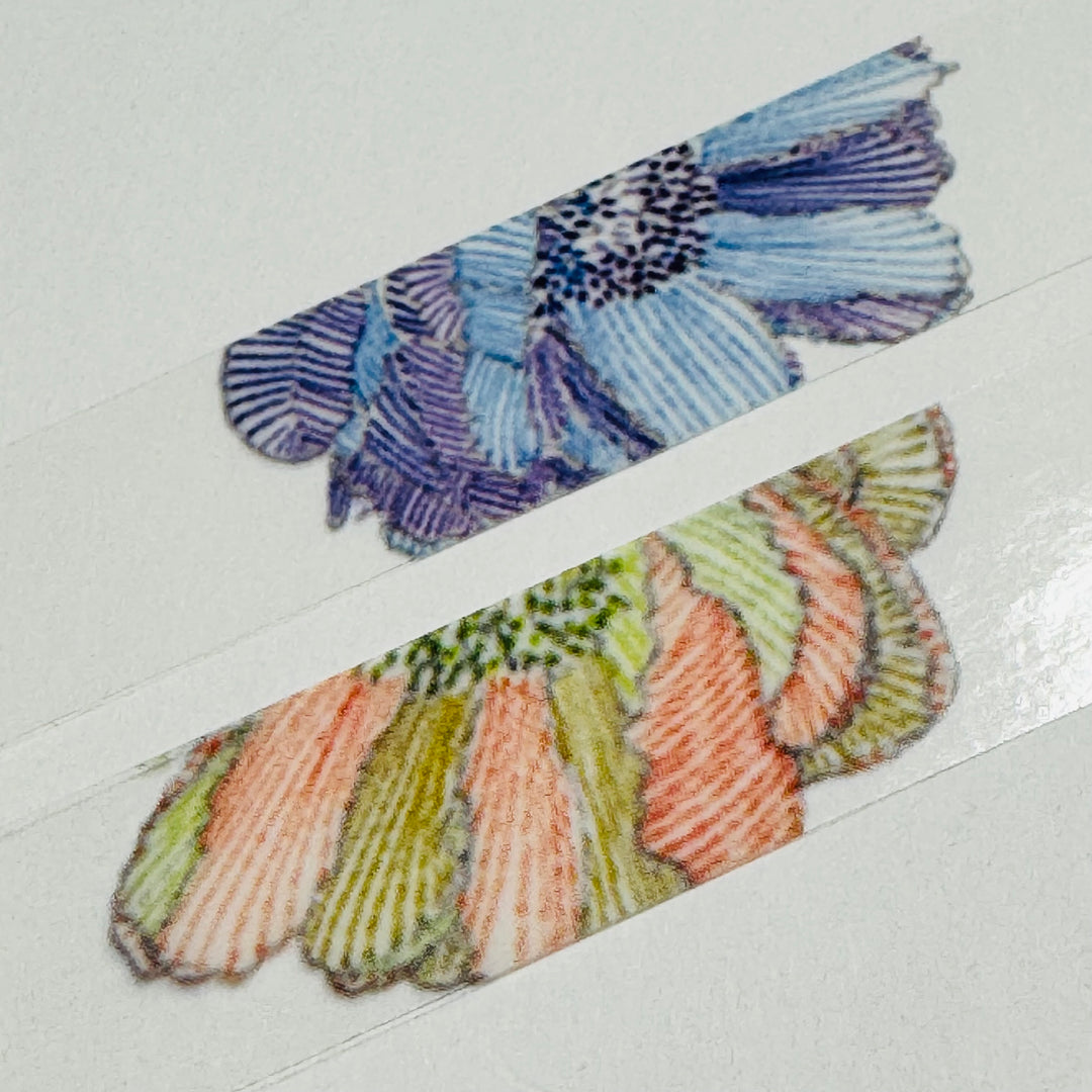 PINK & BLUE PIVOINE PEONIES Floral PET Saien Washi Tape ~ 1 Roll ~ 15mm x 3m (10 Feet)