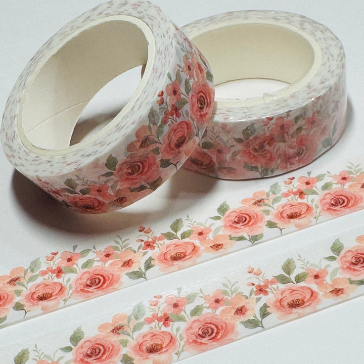 PEACH CABBAGE ROSES Floral Washi Tape ~ 1 Roll ~ 15mm x 10m (33 Feet)