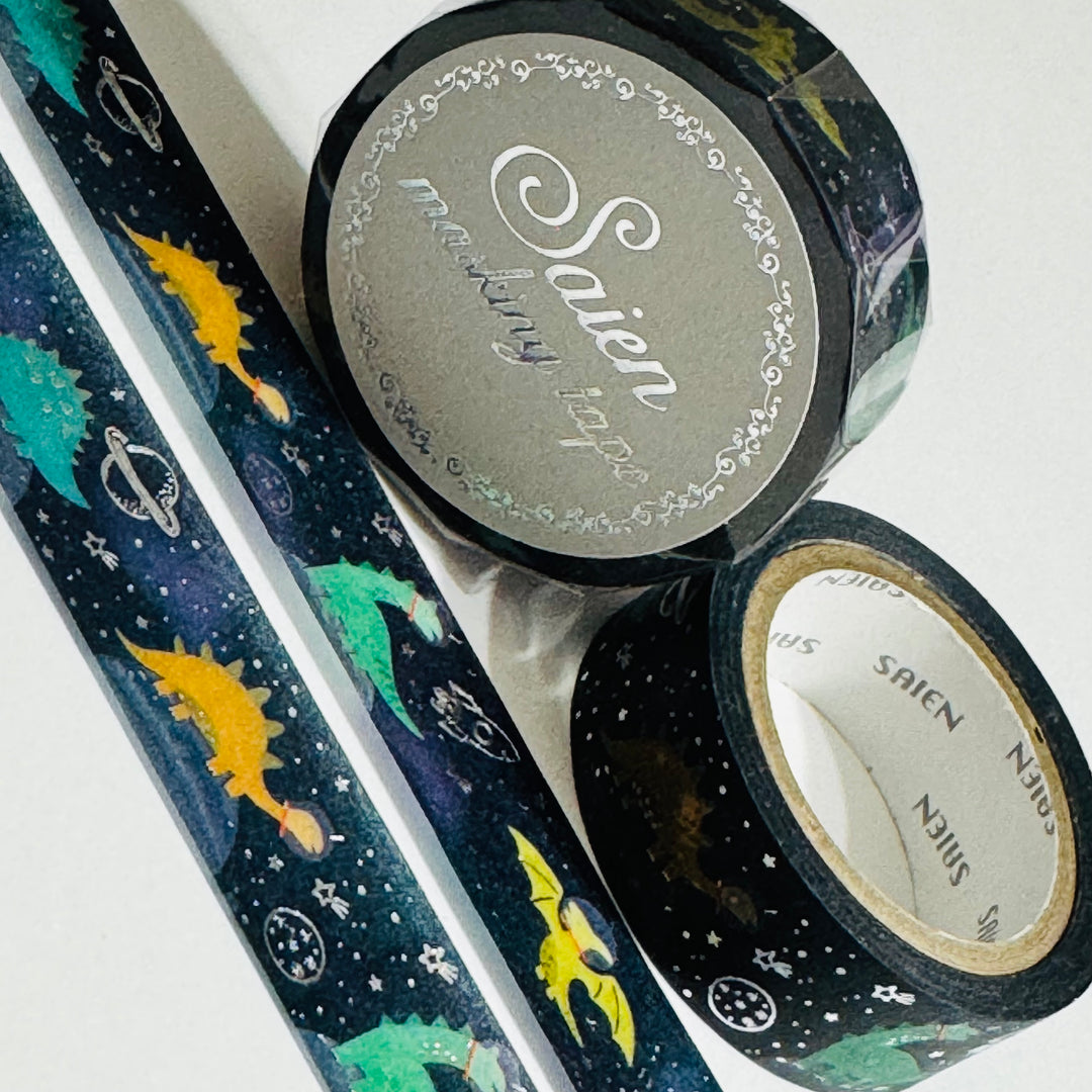 DINOSAURS In SPACE SILVER Foil Saien Masking Washi Tape ~ 1 Roll ~ 15mm x 7m (23 Feet)