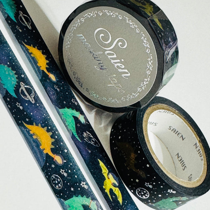 DINOSAURS In SPACE SILVER Foil Saien Masking Washi Tape ~ 1 Roll ~ 15mm x 7m (23 Feet)