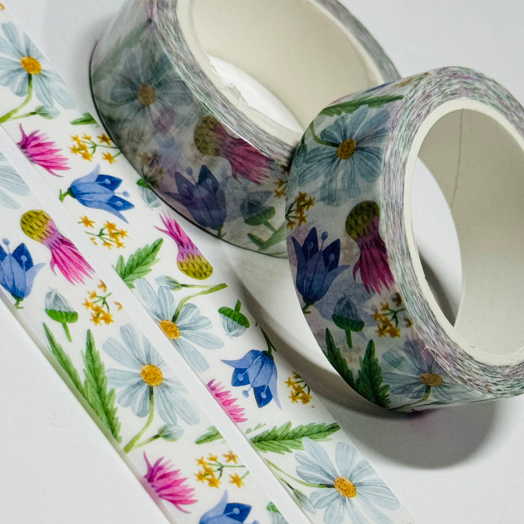 BLUEBELLS AND DAISIES PASTEL FLORAL Washi Tape - 1 Roll - 15mm x 10m (33 Feet)