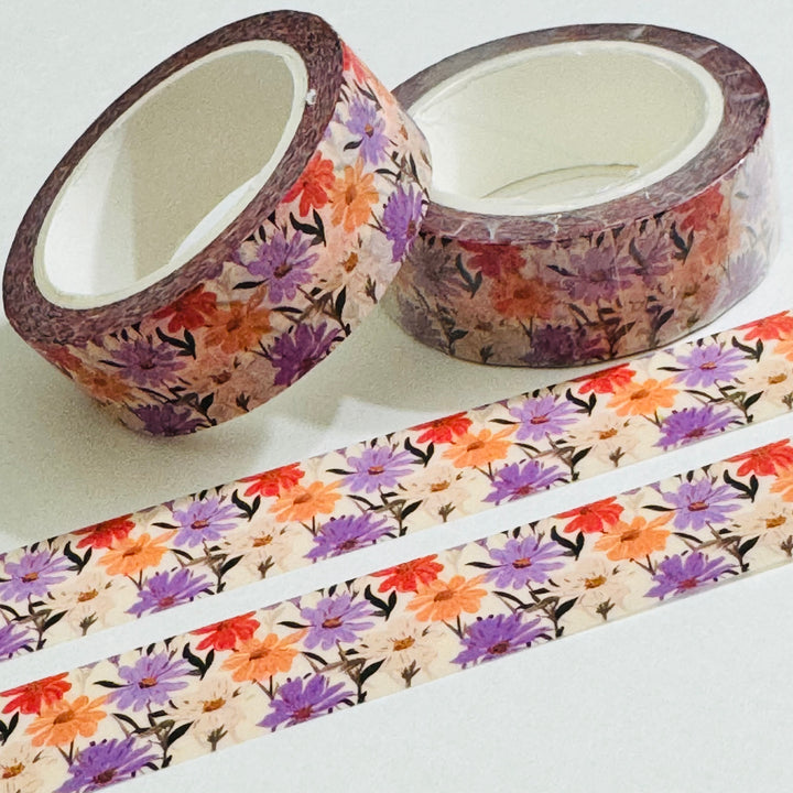 SPRING RAINBOW DAISIES Pink Peach Orange Washi Tape - 1 Roll - 15mm x 10m (33 Feet)