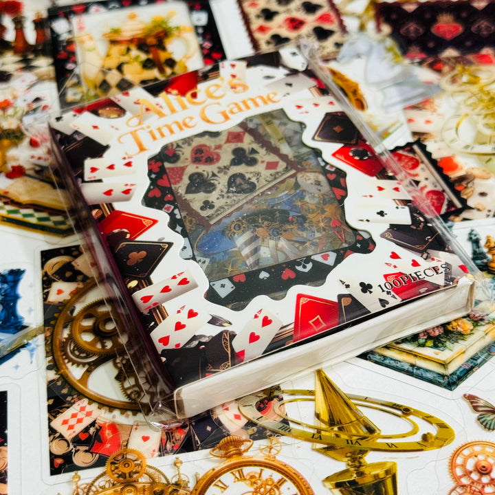 IT'S ALICE'S TIME GAME Matchbox Peelable Stickers Large Amount ~ 100 Pieces ~ 65-60mm Each