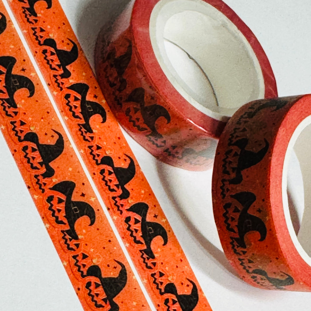 JAUNTY JACK-O-LANTERNS In WITCH HATS Halloween Washi Tape ~ 1 Roll ~ 15mm x 10m (33 Feet)