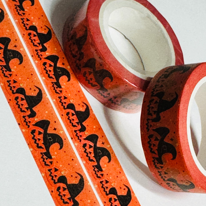 JAUNTY JACK-O-LANTERNS In WITCH HATS Halloween Washi Tape ~ 1 Roll ~ 15mm x 10m (33 Feet)