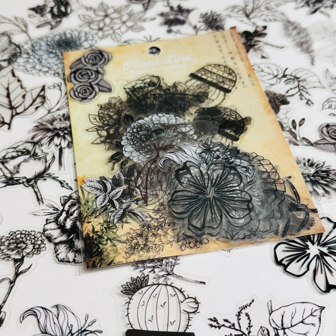 MONOCHROMATIC BLACK SKETCHED Flowers Transparent Peelable Sticker Ephemera Pack ~ 60  Pieces ~ Each Sticker is  20-50mm