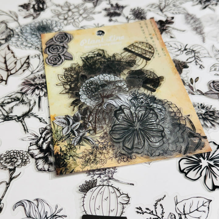MONOCHROMATIC BLACK SKETCHED Flowers Transparent Peelable Sticker Ephemera Pack ~ 60  Pieces ~ Each Sticker is  20-50mm