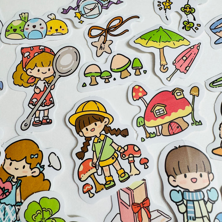CUTE CARTOON GIRL PLAYTIME PVC Peelable Stickers  ~ 80 Pieces ~ 10-40mm Each