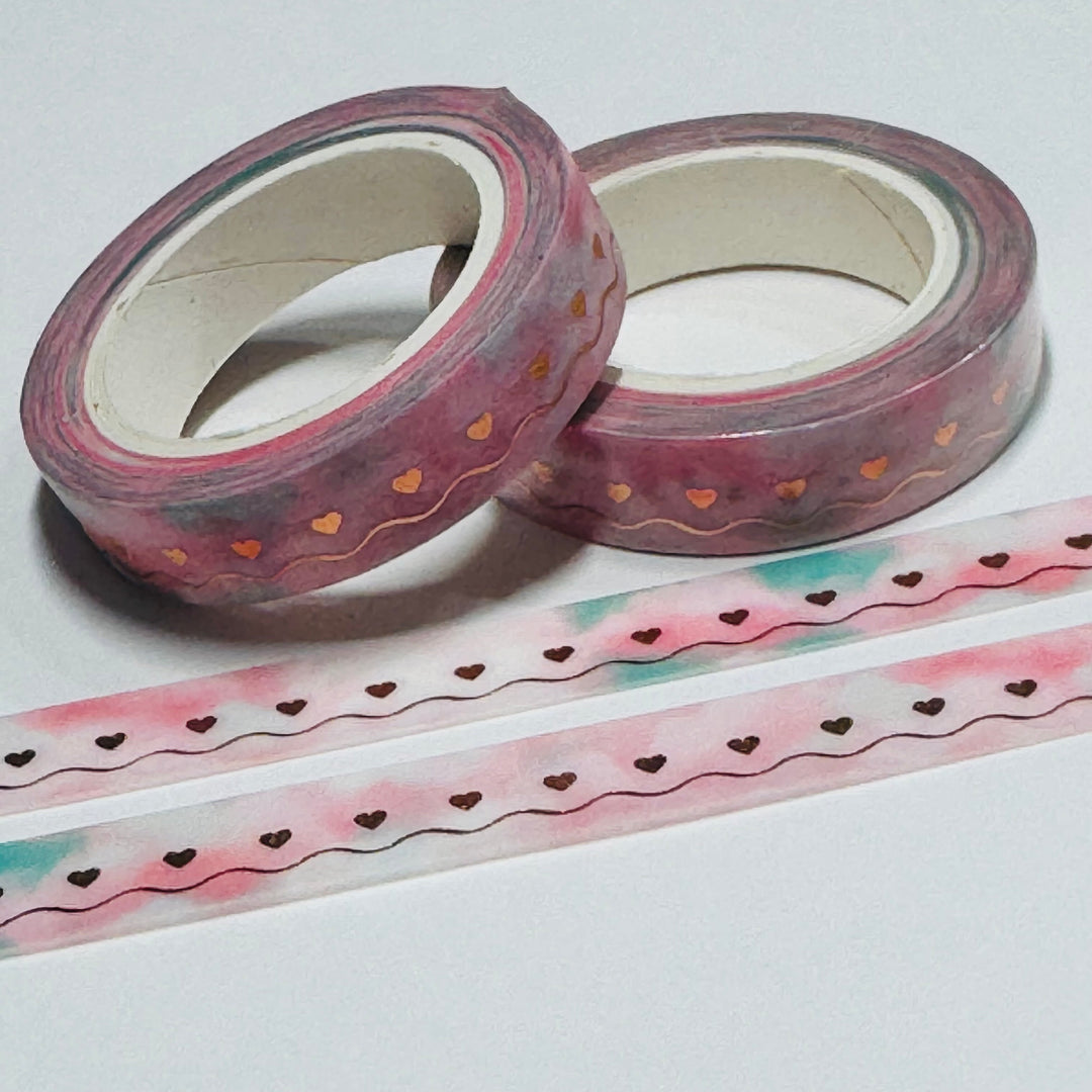 MINI ROSE GOLD HEARTS On Pink Green Ombre Washi Tape ~ 1 Roll ~ 10mm x 10m (33 Feet)