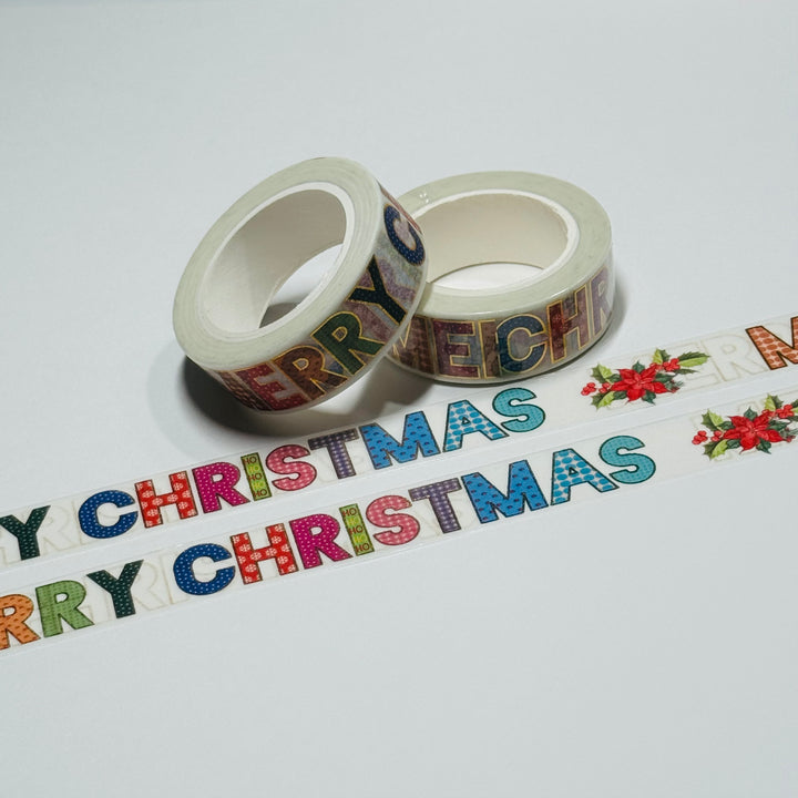 BLOCK LETTERS MERRY CHRISTMAS Gold Foil Washi Tape ~ 1 Roll ~ 15mm x 10m (33 Feet)