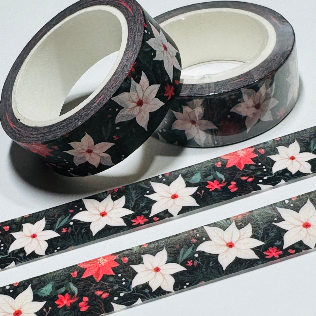 WHITE POINSETTIAS CHRISTMAS Washi Tape ~ 1 Roll ~ 15mm x 10m (33 Feet)