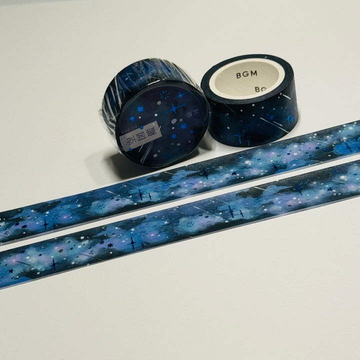 MIDNIGHT METEOR SHOWER With Blue and Silver Foil Washi Tape By BGM ~ 1 Roll ~ 20mm x 5m (16 Feet)