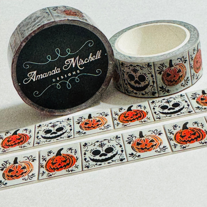 STENCILED HALLOWEEN WHITEWASHED Tiles Amanda Mischell Washi Tape ~ 1 Roll ~ 18mm x 10m (33 Feet)