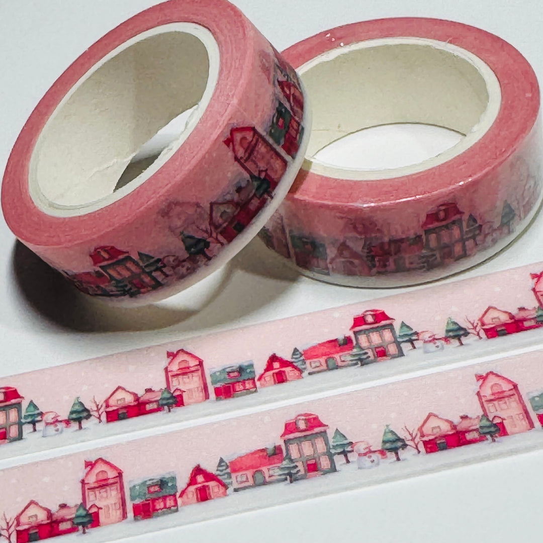 PINK CHRISTMAS TOWN Washi Tape ~ 1 Roll ~ 15mm x 10m (33 Feet)