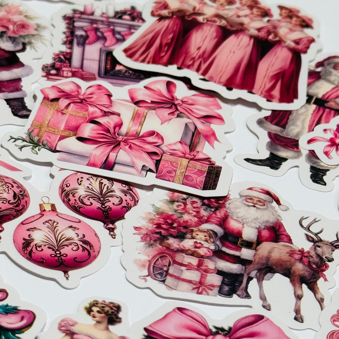 PINK OLD FASHIONED CHRISTMAS Stickers ~ 32 Pieces ~ 1.5 to 2.5 Inches