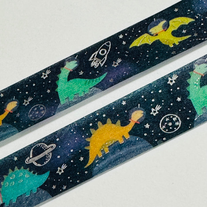 DINOSAURS In SPACE SILVER Foil Saien Masking Washi Tape ~ 1 Roll ~ 15mm x 7m (23 Feet)
