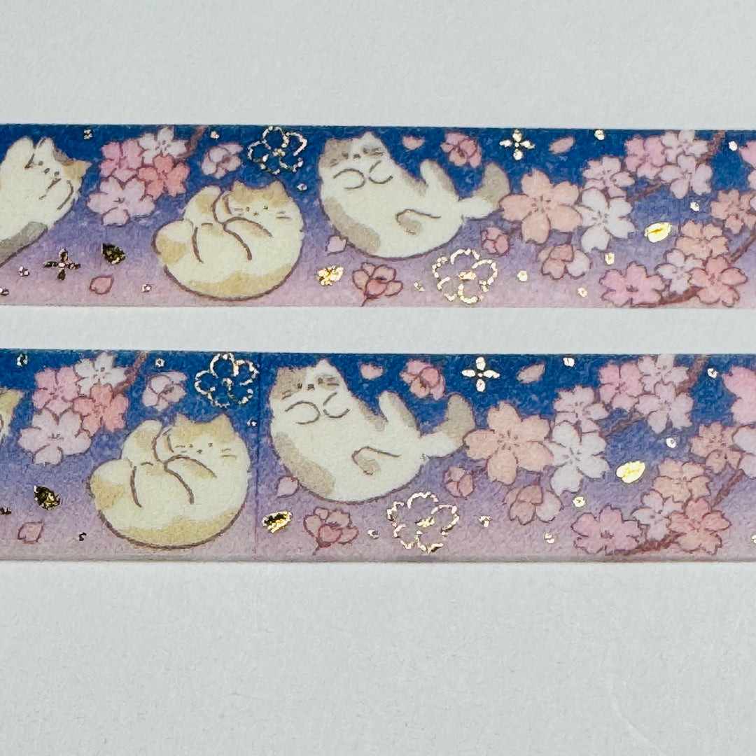 CATS ENJOYING SPRING SAKURA Gold Flower Saien Masking Washi Tape ~ 1 Roll ~ 15mm x 7m (23 Feet)