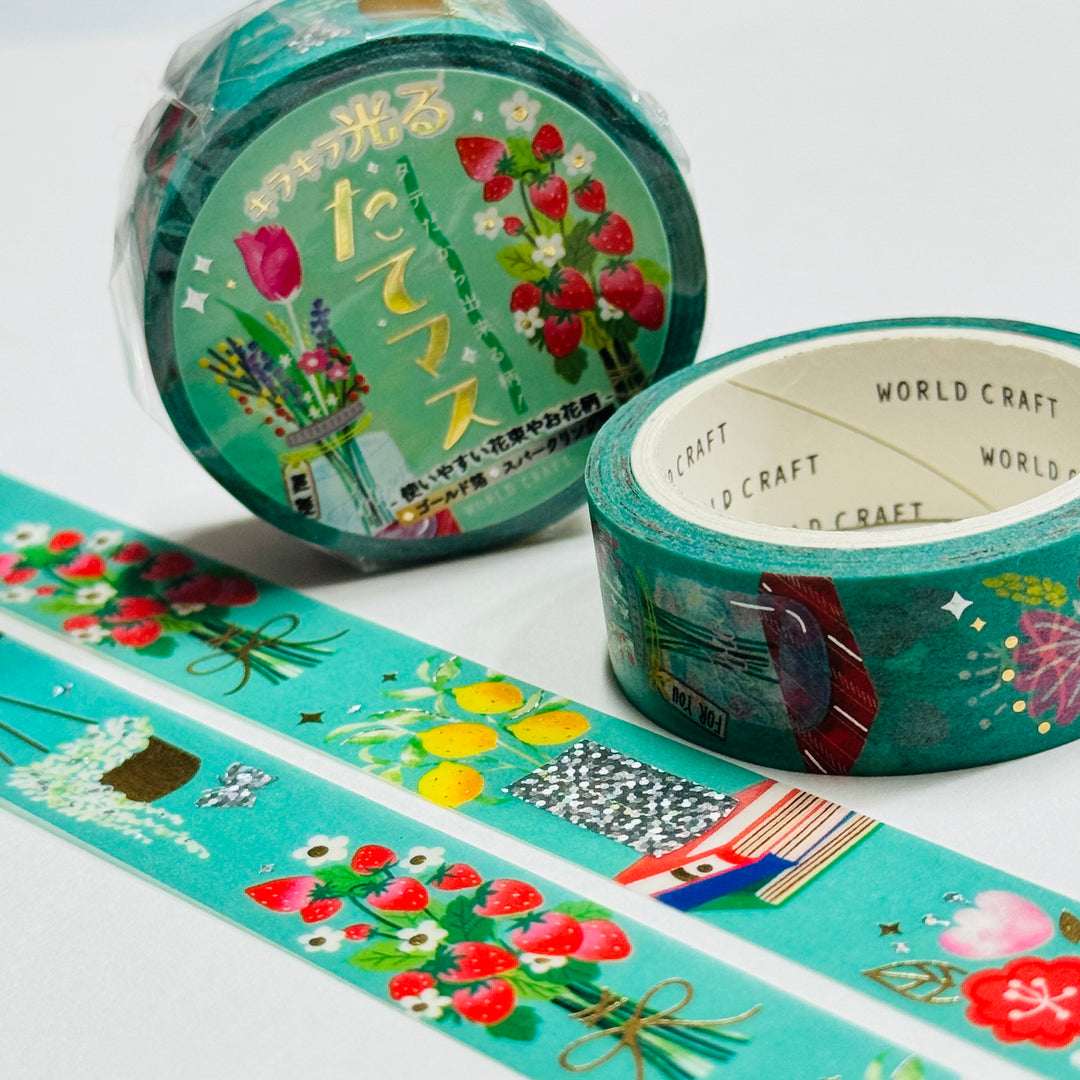 THE PERFECT BOUQUET Gold Accent Flowers World Craft Washi Tape ~ 1 Roll ~ 15mm x 5m (16 Feet)