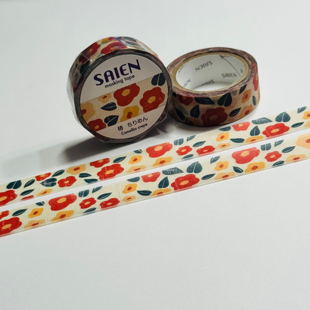 BLOOMING CAMELLIA CREPES Floral Saien Masking Washi Tape ~ 1 Roll ~ 15mm x 7m (23 Feet)