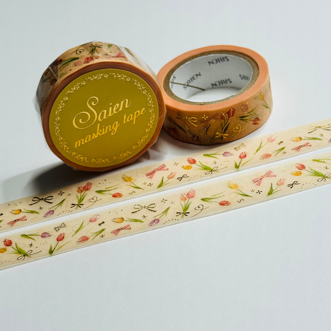 GOLD ROMANTIC TULIPS Floral Foil Saien Masking Washi Tape ~ 1 Roll ~ 15mm x 7m (23 Feet)