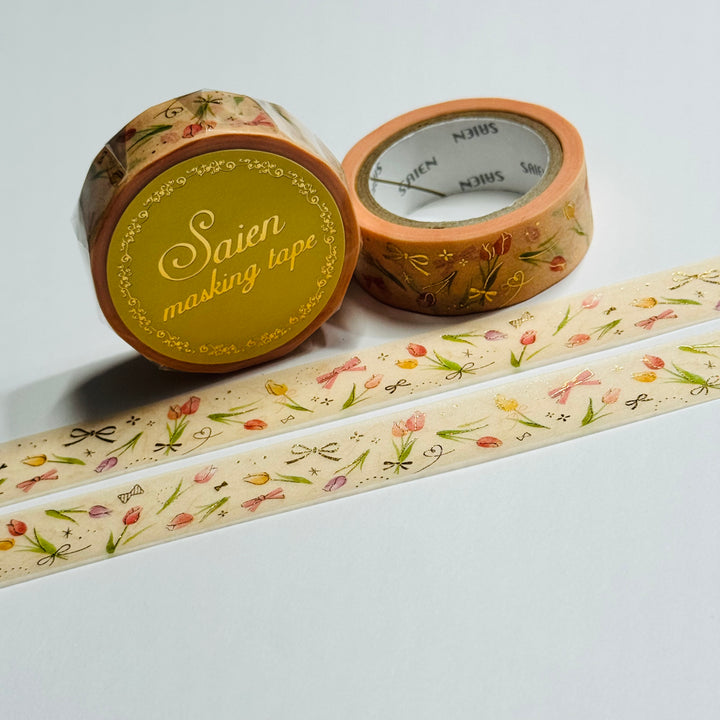 GOLD ROMANTIC TULIPS Floral Foil Saien Masking Washi Tape ~ 1 Roll ~ 15mm x 7m (23 Feet)