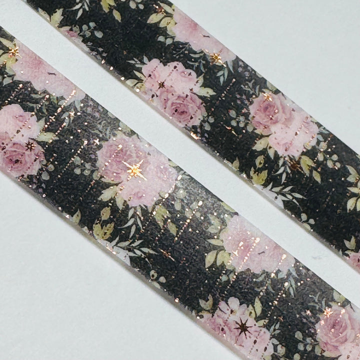 PINK ROSES SPARKLES Gold Foil Overlay Washi Tape ~ 1 Roll ~ 15mm x 10m (33 Feet)