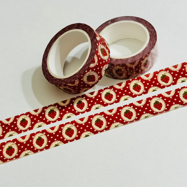 VINTAGE RED STRAWBERRIES On Doilies Washi Tape ~ 1 Roll ~ 15mm x 10m (33 Feet)
