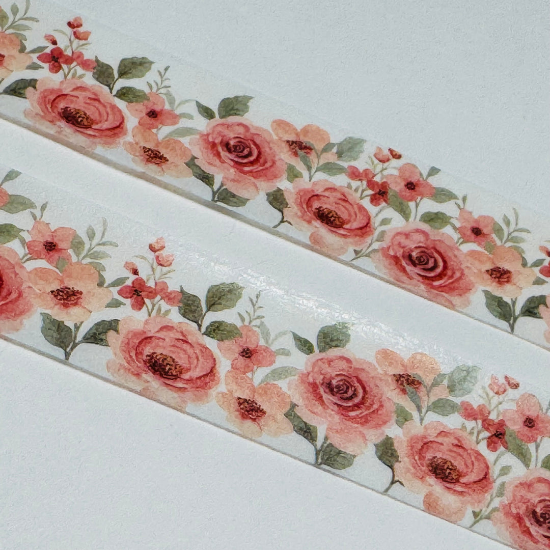 PEACH CABBAGE ROSES Floral Washi Tape ~ 1 Roll ~ 15mm x 10m (33 Feet)