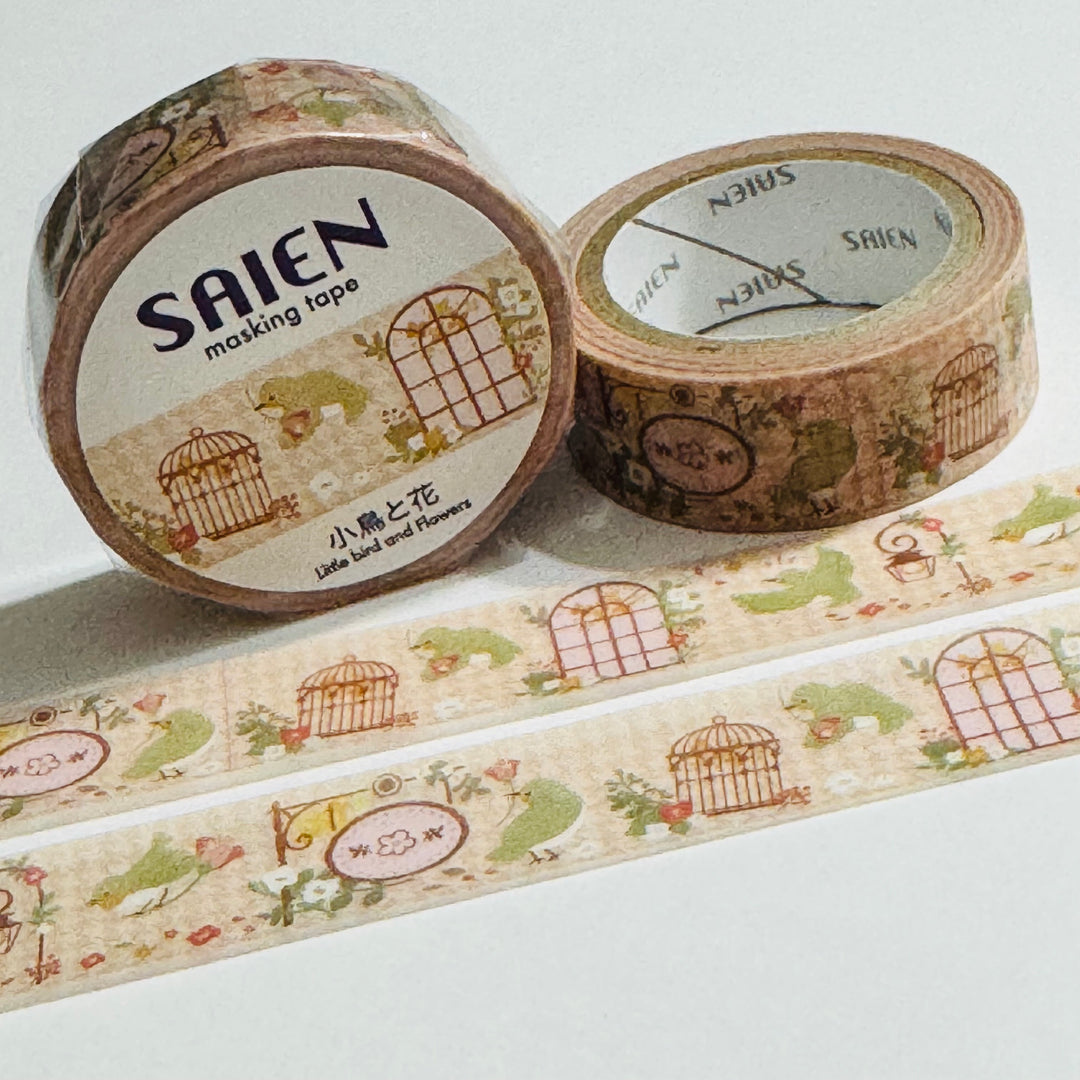 LITTLE BIRDS & FLOWERS Saien Washi Tape ~ 1 Roll ~ 15mm x 7m (23 Feet)