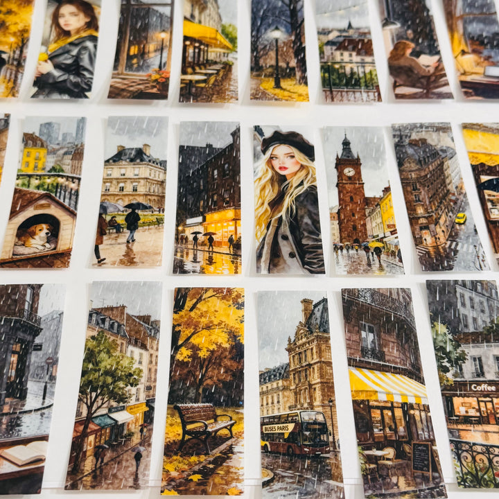 RAINY DAY GIRL In The City Ephemera Sticker Pack ~ 25 Pieces ~ 30mm x 95mm