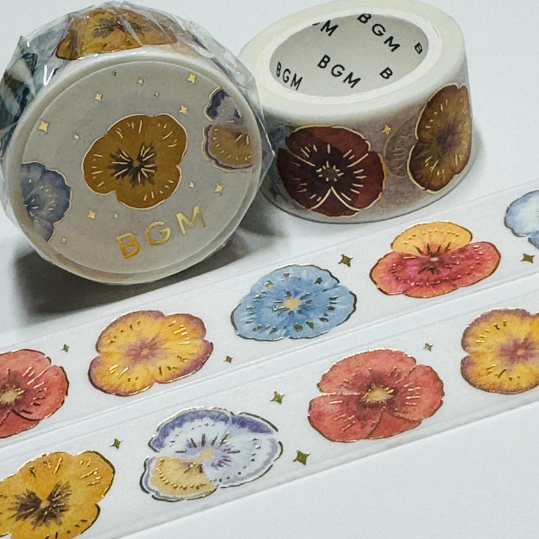 DELICATE RAINBOW PANSIES Gold Foil Washi Tape Designed By BGM ~ 1 Roll ~ 20mm x 5m (16 Feet)