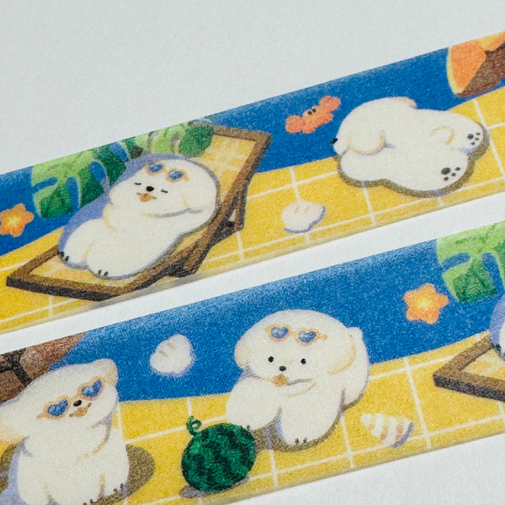 SUNBATHING PUPPIES On VACATION Saien Masking Washi Tape ~ 1 Roll ~ 20mm x 7m (23 Feet)